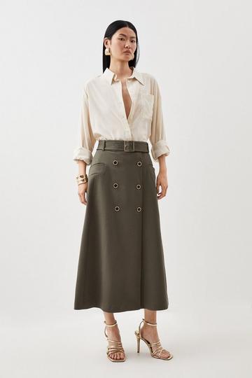 Relaxed Tailored Belted Longline Midi Skirt khaki