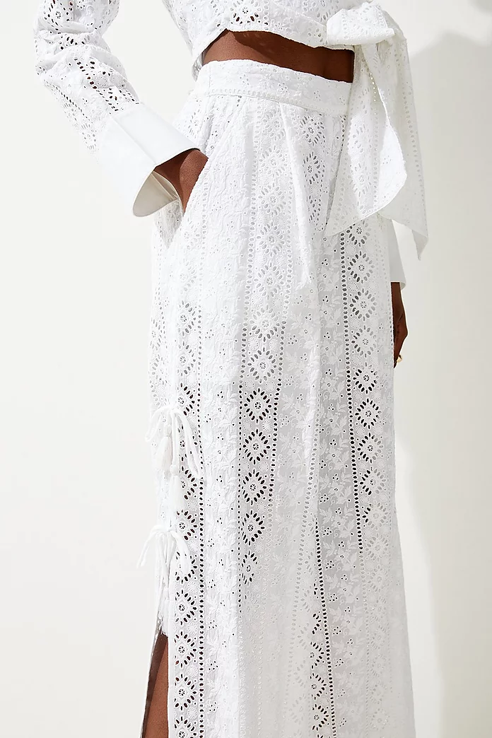 Cotton Eyelet Wrap Top And Wide Leg Pants Two-Piece | Karen Cotton Eyelet Wrap Top And Wide Leg Pants Two-Piece | Karen