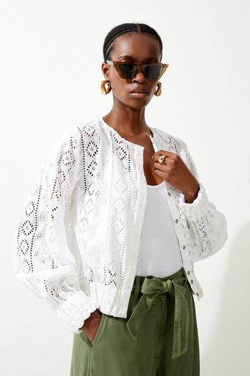 Cotton Broderie Woven Bomber Jacket white