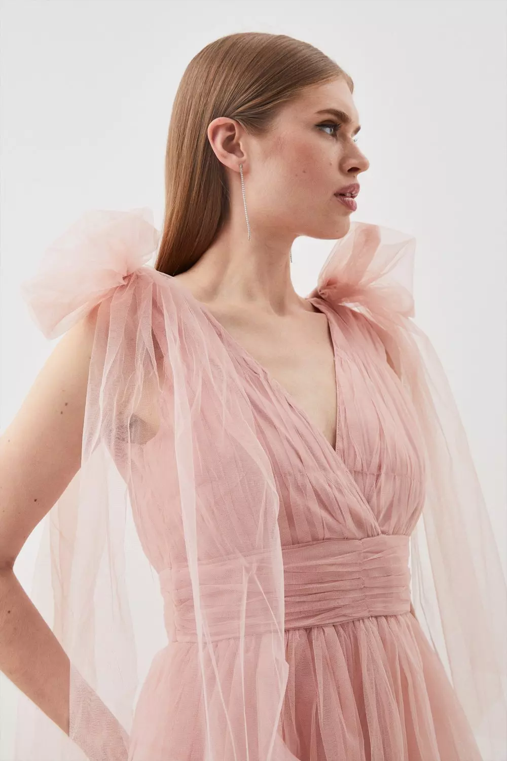 Tulle Tie Straps Plunge Woven Midi Dress | Karen Millen