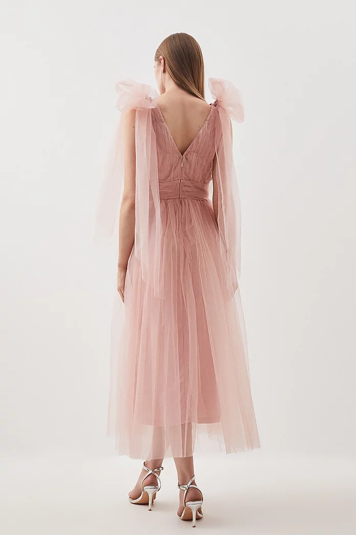 Tulle Tie Straps Plunge Woven Midi Dress | Karen Millen Tulle Tie Straps Plunge Woven Midi Dress | Karen Millen