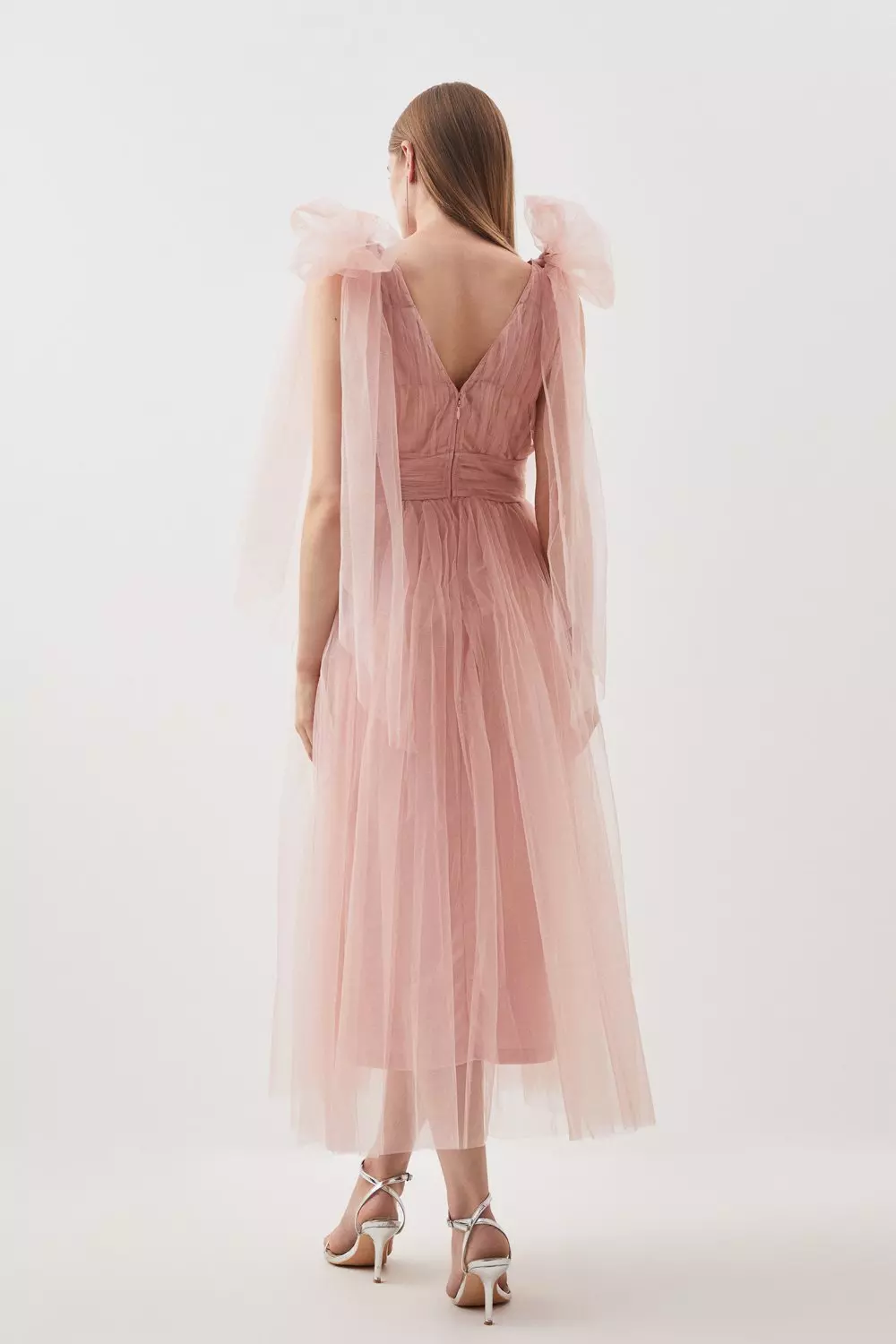 Tulle Tie Straps Plunge Woven Midi Dress | Karen Millen