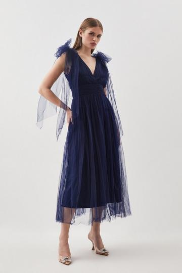 Navy Tulle Tie Straps Plunge Woven Midi Dress