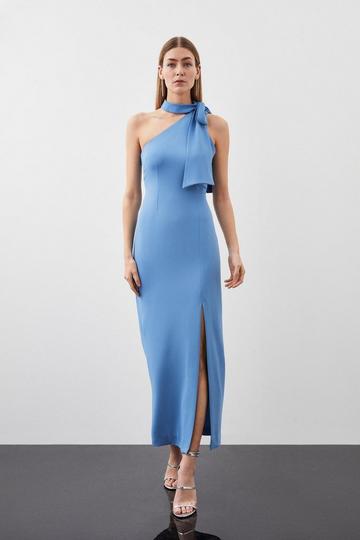 Blue Soft Tailored Tie Neck Midi Dress