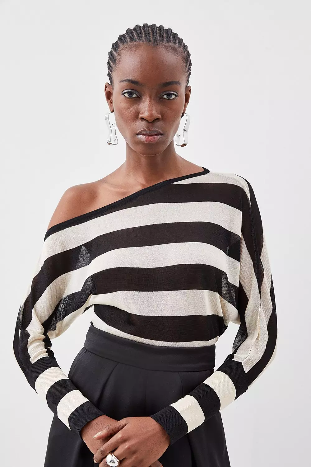 Black Viscose Blend Sheer Knit Slinky Asymmetric Blouson Top alternative image
