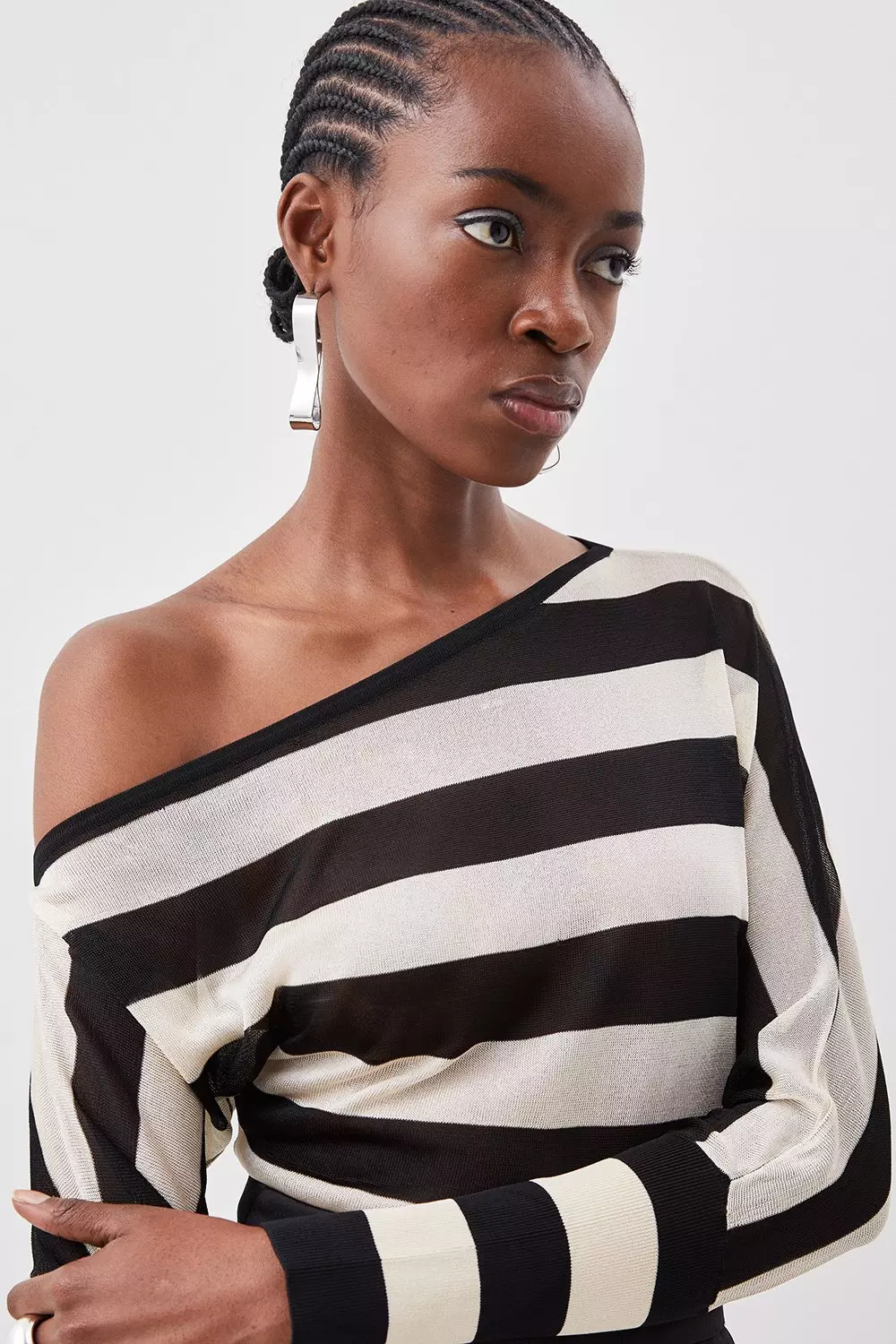 Black Viscose Blend Sheer Knit Slinky Asymmetric Blouson Top alternative image