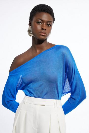 Viscose Blend Sheer Knit Slinky Asymmetric Blouson Top cobalt