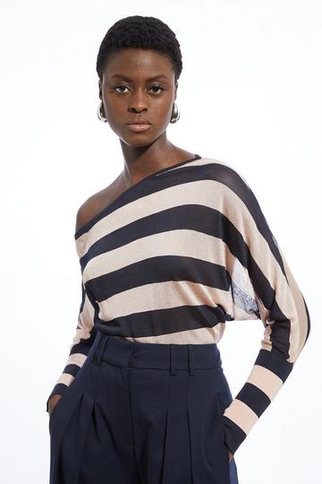 Viscose Blend Sheer Knit Slinky Asymmetric Blouson Top stripe