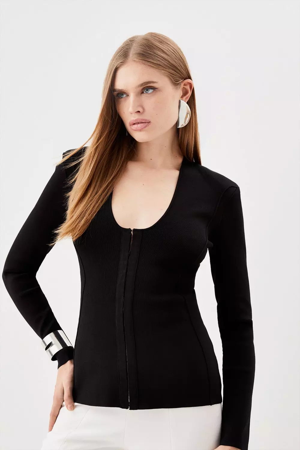 Body Contouring Plunge Neck Corset Detail Knit Top Karen Millen