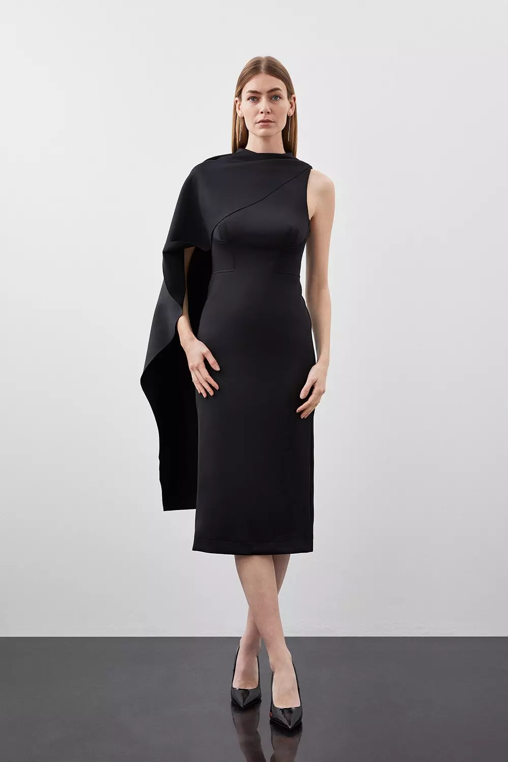 Black Scuba Waterfall Detail Woven Midi Dress alternative image