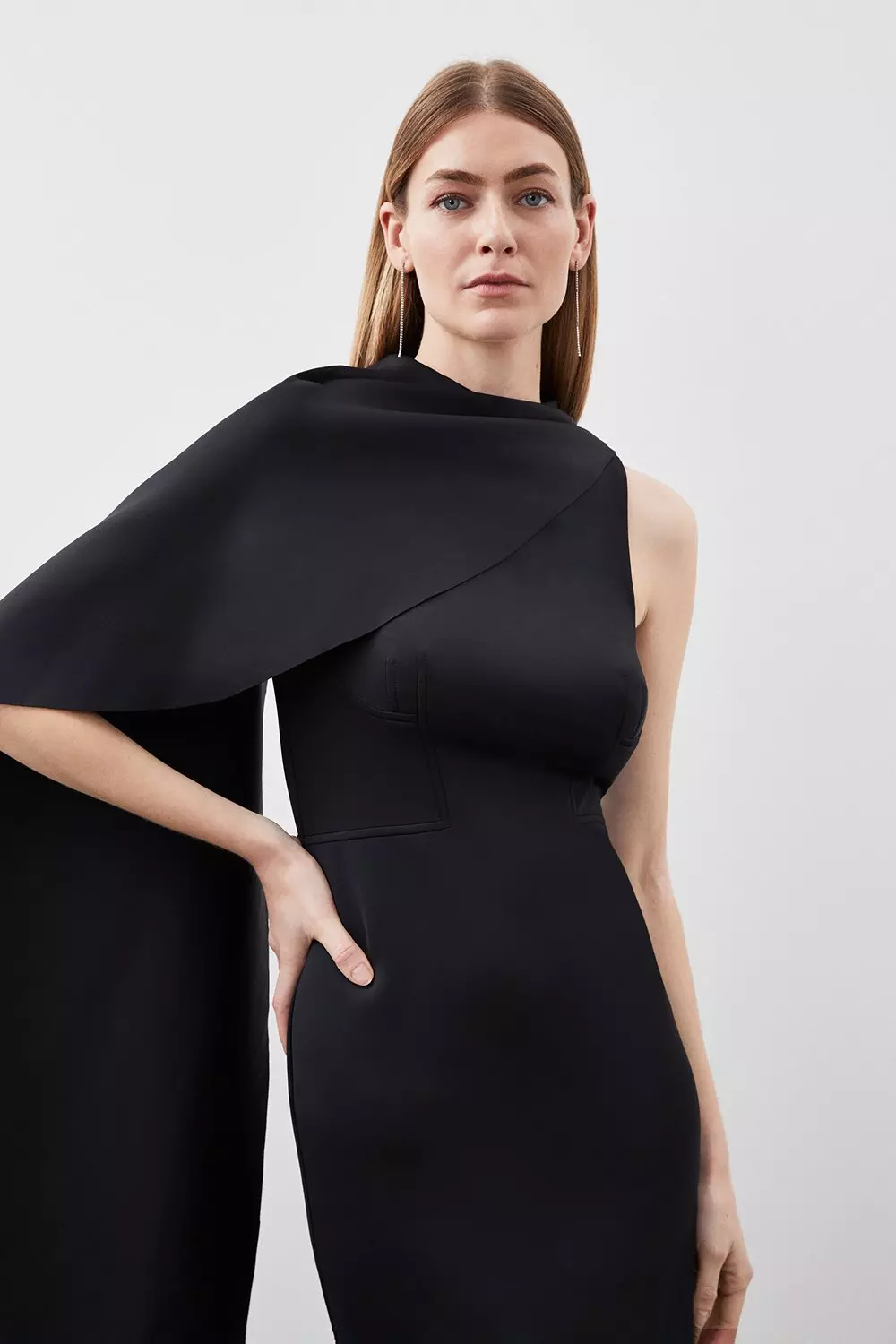 Black Scuba Waterfall Detail Woven Midi Dress alternative image
