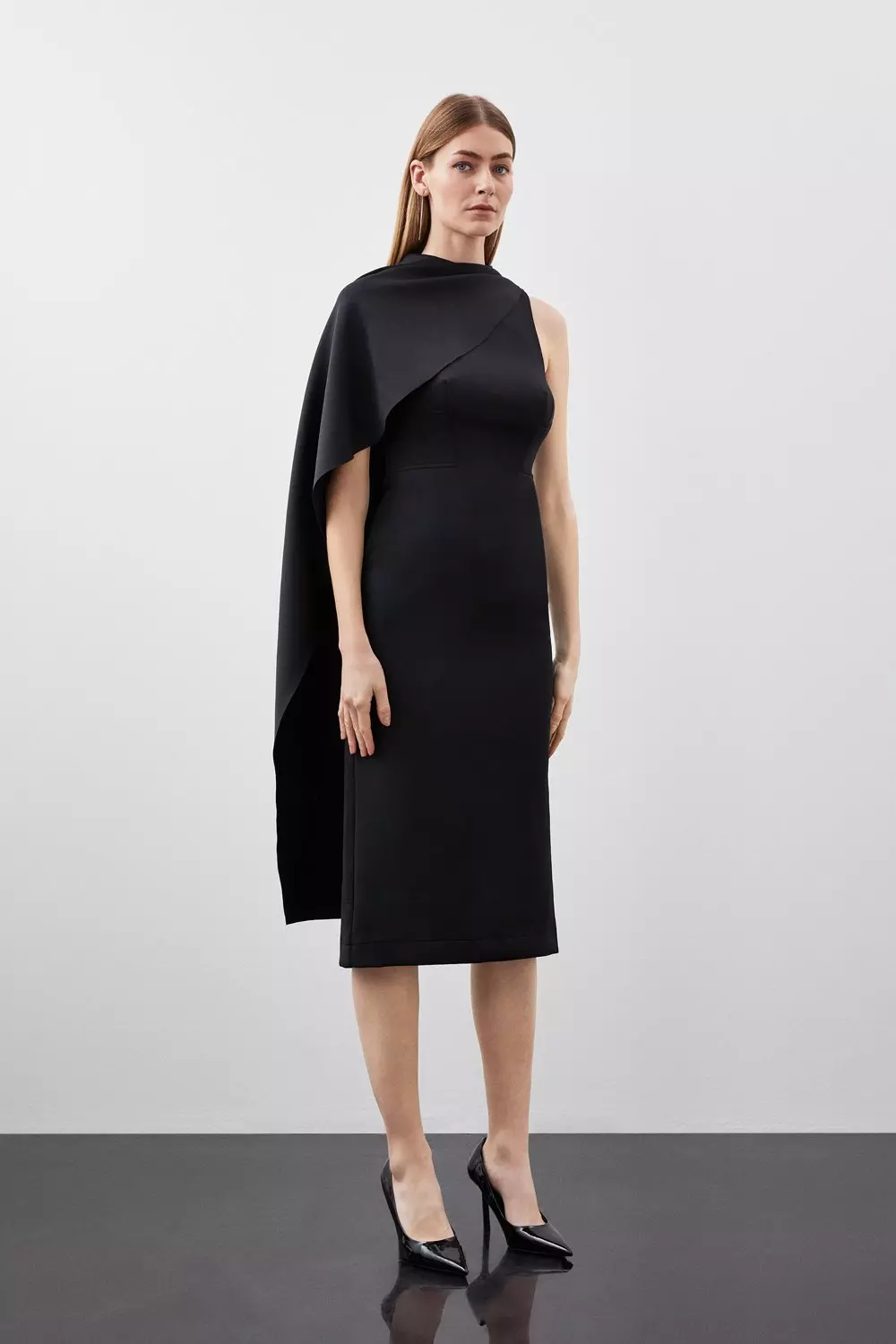 Black Scuba Waterfall Detail Woven Midi Dress alternative image