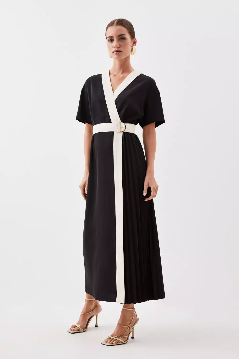 Petite Contrast Twill Button Detail Belted Midi Dress Karen Millen