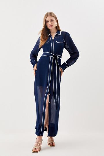 Navy Viscose Woven Midi Shirt Dress