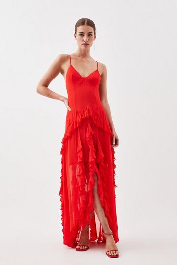 Petite Viscose Strappy Ruffle Drama Maxi red