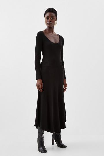 Viscose Blend Scoop Belted Midi Dress black