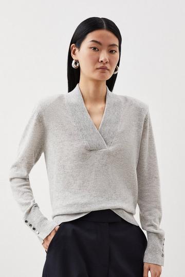 Grey Cashmere V Neck Power Shoulder Knit Sweater
