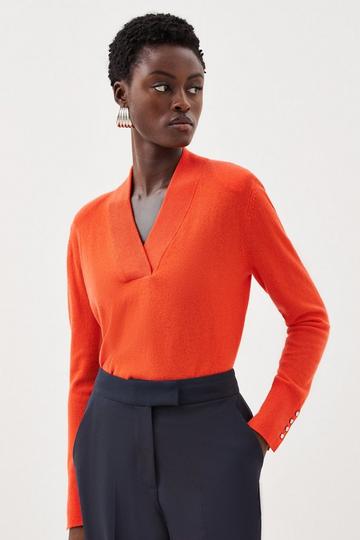 Orange Cashmere V Neck Power Shoulder Knit Sweater