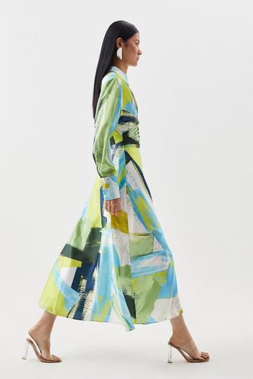 Abstract Colour Block Draped Satin Woven Midi Dress multi