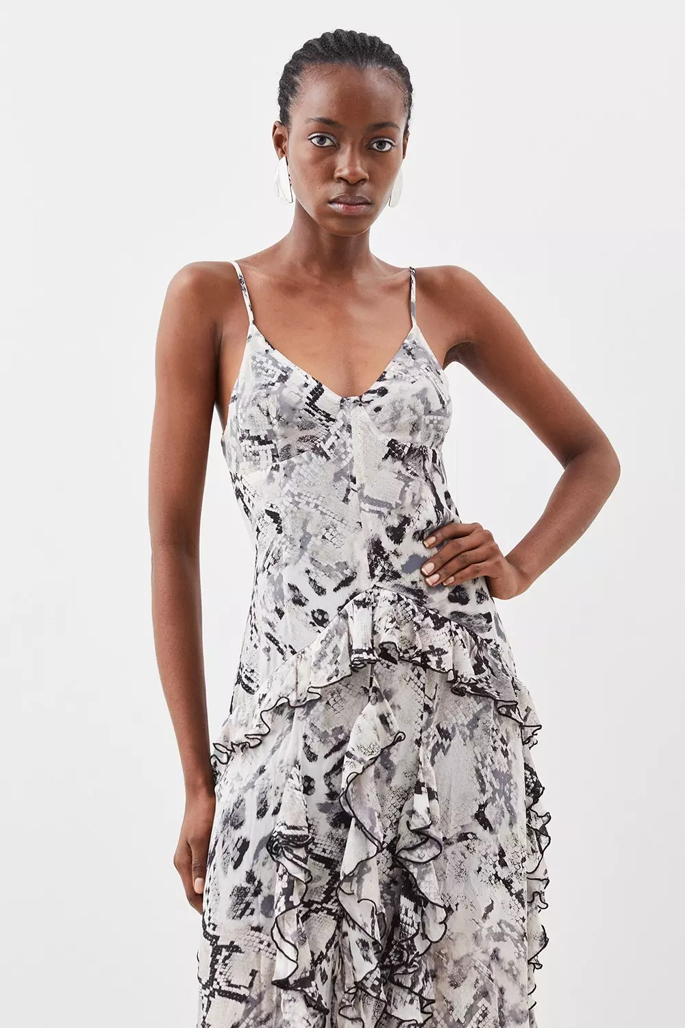 Snake Viscose Strappy Ruffle Drama Woven Maxi Dress alternative image