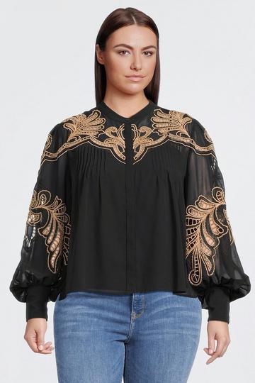 Plus Size Cutwork Embroidered Woven Blouse black