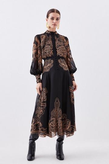Black Petite Cutwork Beaded Embroidered Woven Maxi Dress