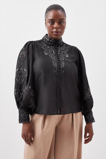 Lydia Millen Plus Size Cotton Embroidered Woven Blouse black