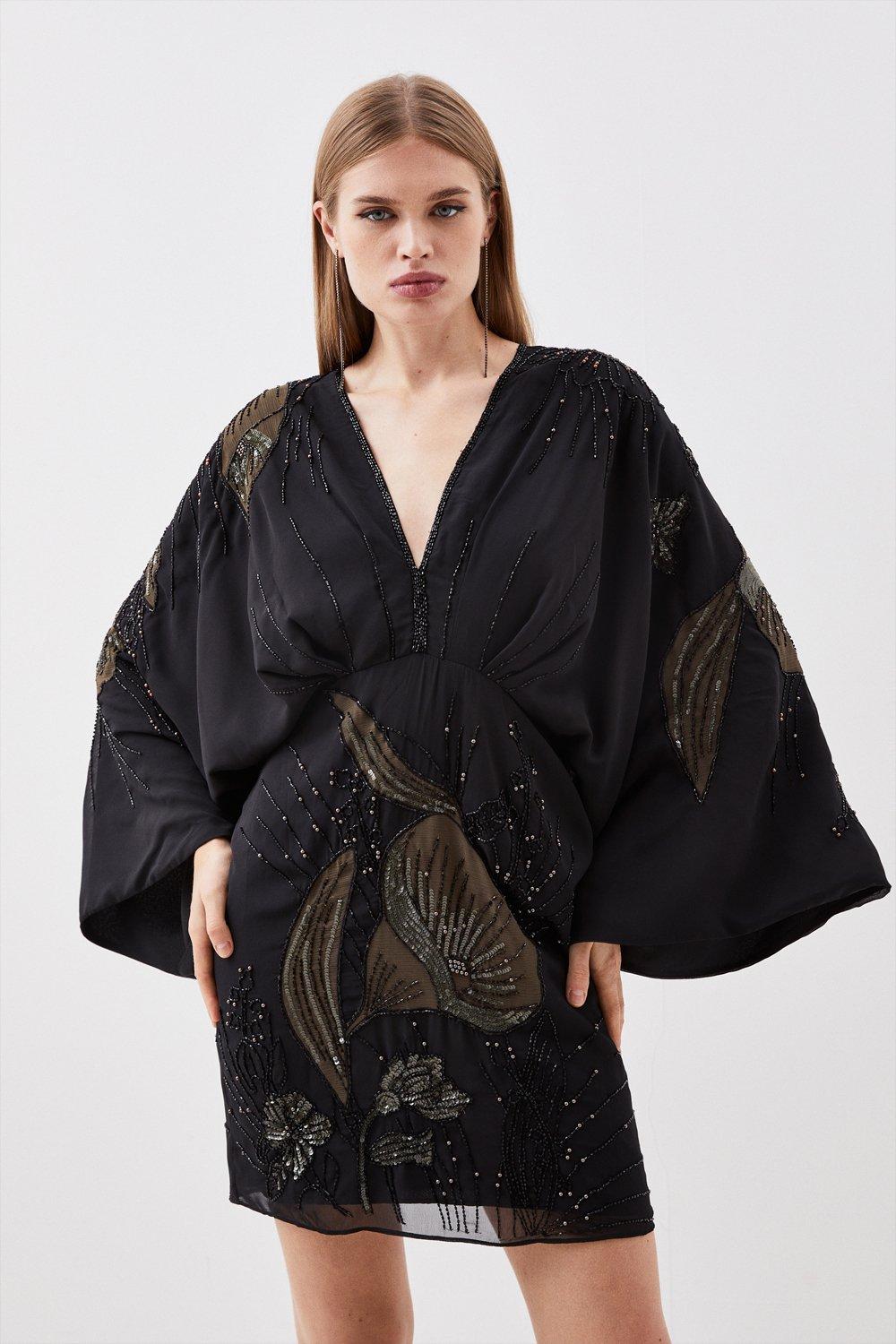 Plunge Embellished Woven Kimono Sleeve Mini Dress Karen Millen