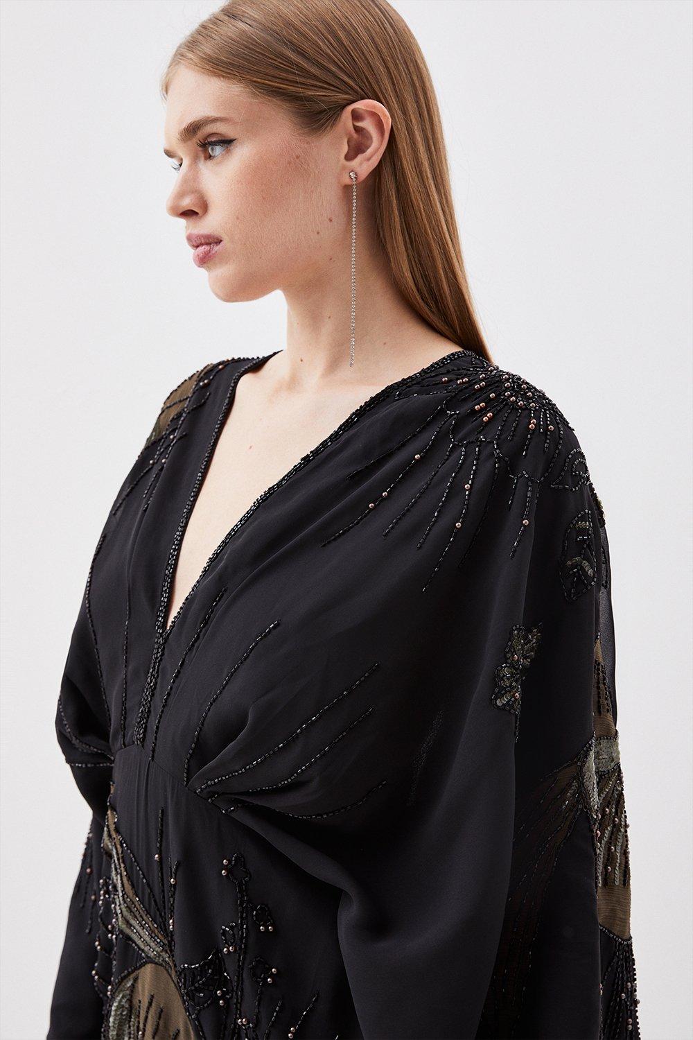 Plunge Embellished Woven Kimono Sleeve Mini Dress | Karen Millen