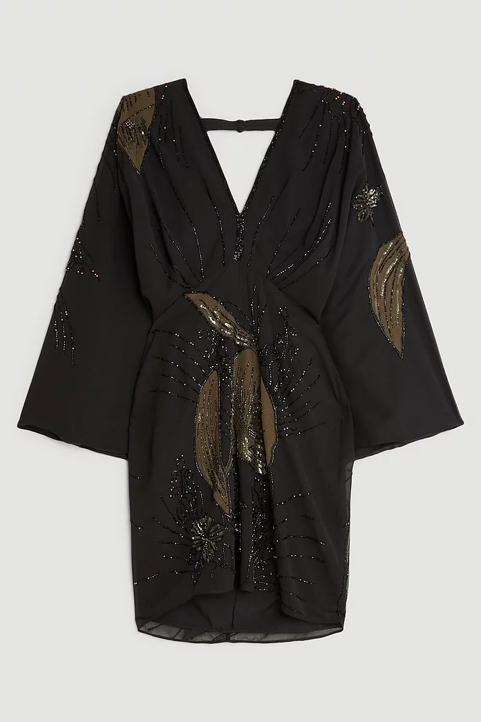 Plunge Embellished Woven Kimono Sleeve Mini Dress | Karen Millen Plunge Embellished Woven Kimono Sleeve Mini Dress | Karen Millen
