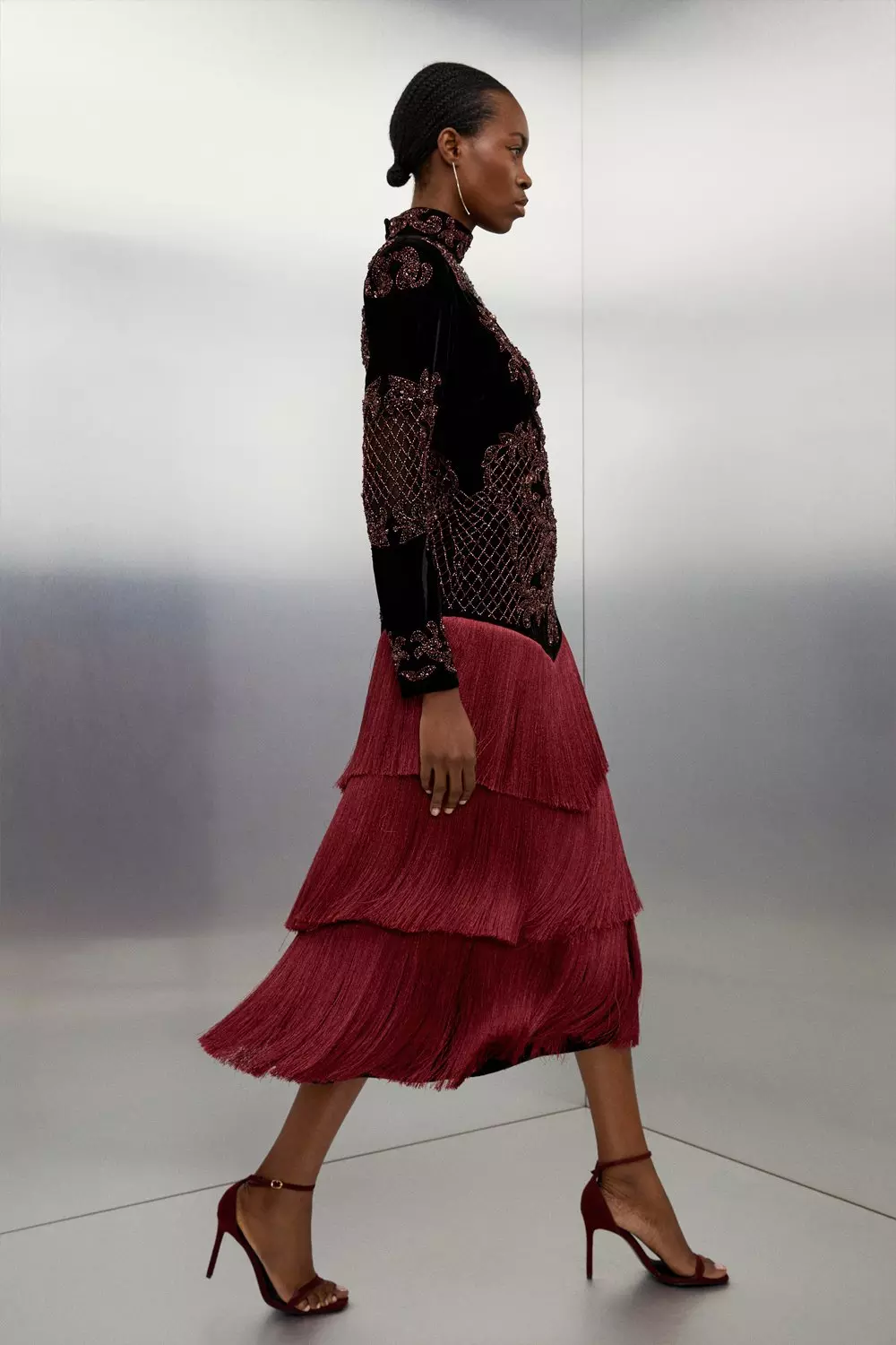 Karen Millen Womens Tall Velvet Baroque Fringe Woven Maxi Dress Red Size 6