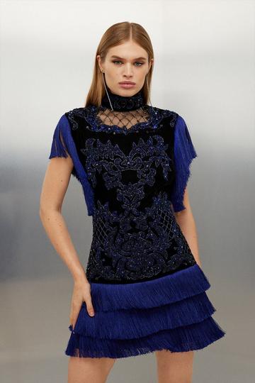 Blue Velvet Baroque Fringe Woven Mini Dress