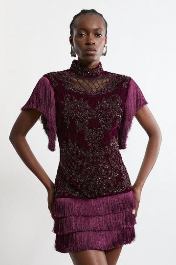 Velvet Baroque Fringe Woven Mini Dress plum