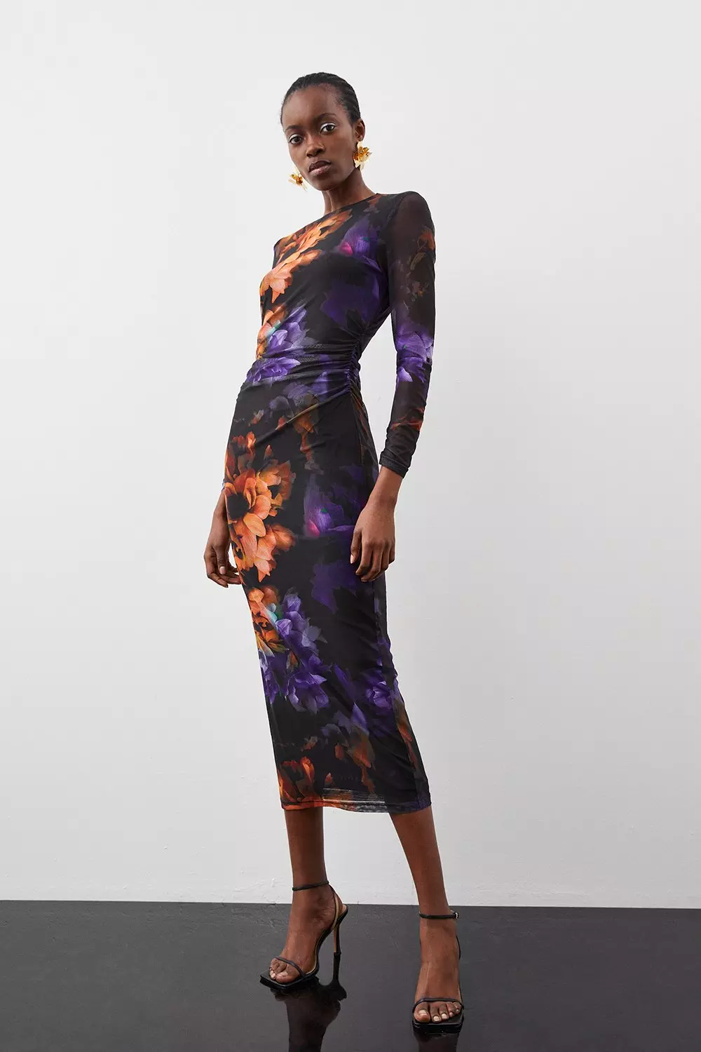 Floral Mesh Ruched Midaxi Dress Karen Millen