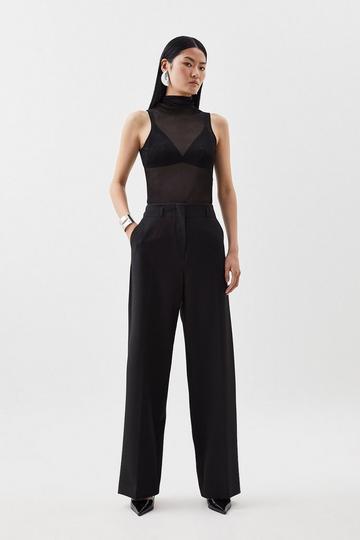 Black Compact Stretch Wide Leg Darted Pants