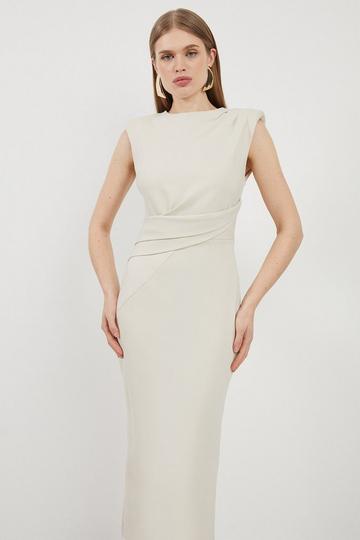 Cream White Ponte Strong Shoulder Drape Detail Midi Dress
