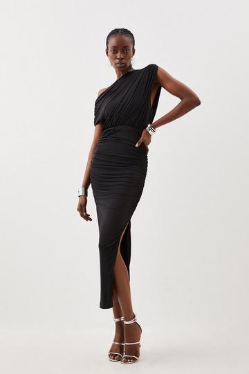 Black Jersey Crepe Asymmetric Neckline Maxi Dress