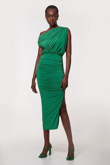 Green Jersey Crepe Asymmetric Neckline Maxi Dress