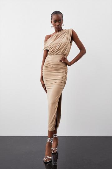 Jersey Crepe Asymmetric Neckline Maxi Dress sand