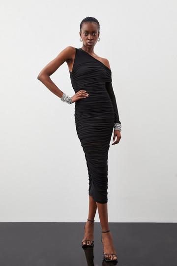 Ruched Mesh Asymmetric Jersey Maxi Dress black