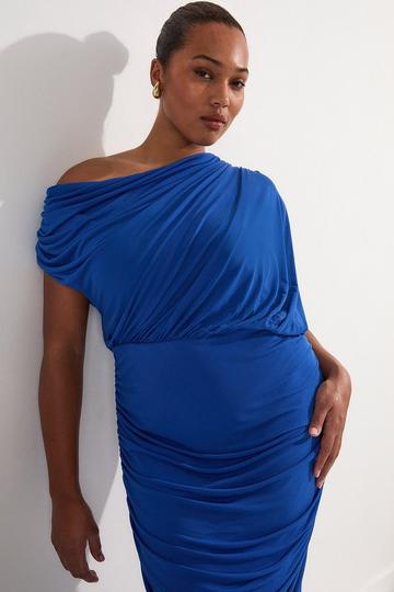 Plus Size Jersey Crepe Asymmetric Neckline Maxi Dress cobalt