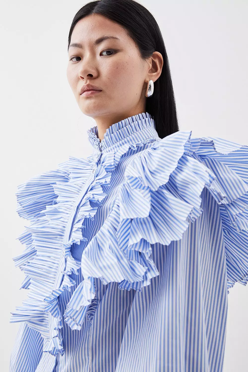 Pleated Striped Ruffle Woven Shirt | Karen Millen