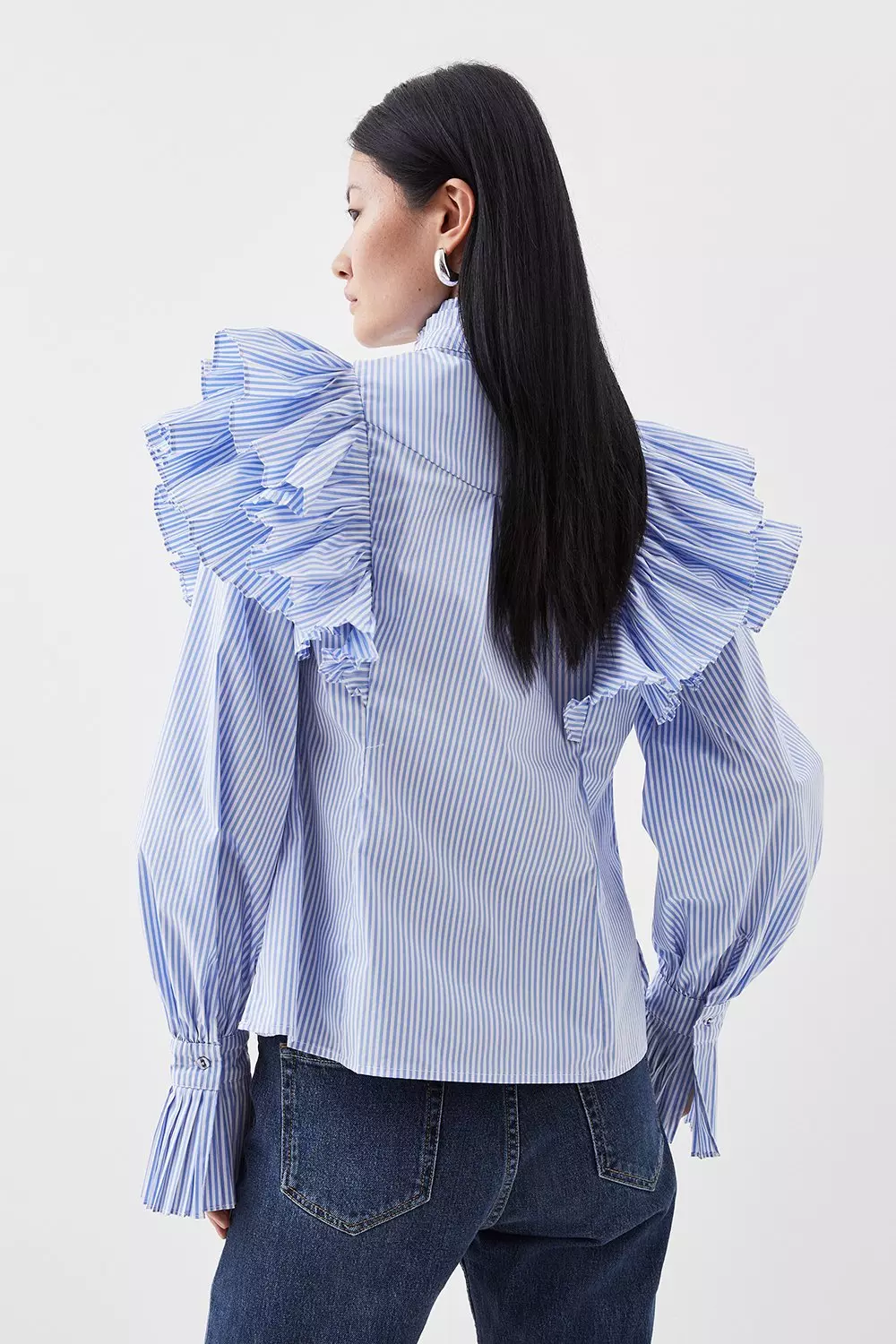 Pleated Striped Ruffle Woven Shirt Karen Millen