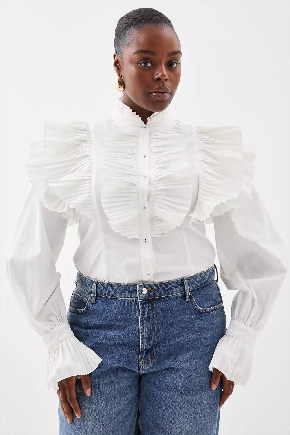 High neck ruffle blouse plus size on sale