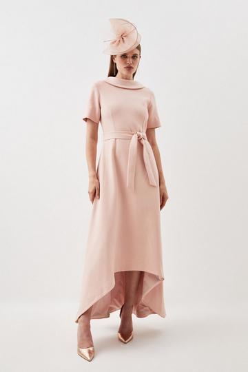 Compact Stretch Roll Neck Belted High Low Tailored Midi Dress blush