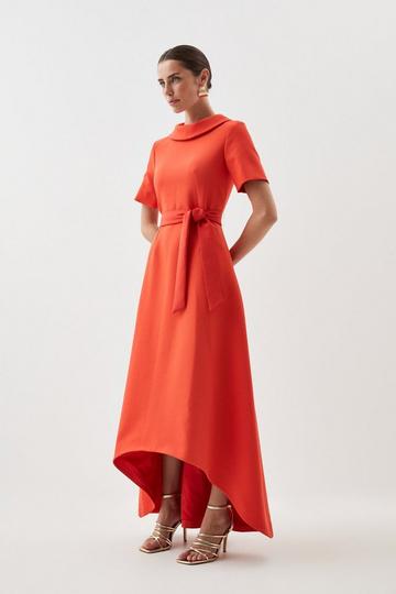 Red Compact Stretch Roll Neck Belted High Low Tailored Midi Dress