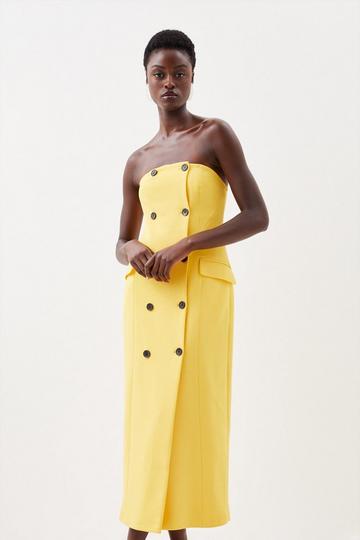 Yellow Compact Stretch Tailored Bandeau Double Breasted Midi Dress