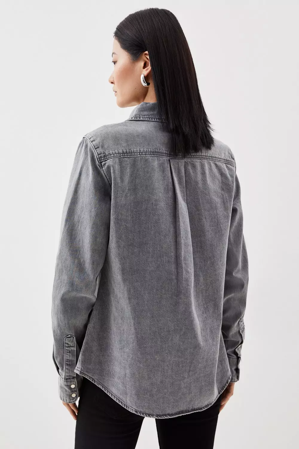 KAREN MILLEN 日本未入荷 タイ 襟 カットワーク 半袖 ポケット Denim Pocket Detail Relaxed Shirt | Karen Millen