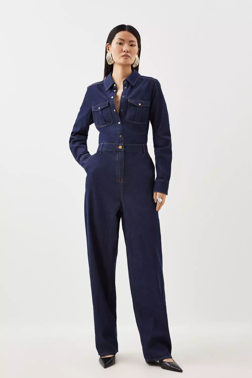 ◆KAREN MILLEN◆ デニム ワイドレッグ ジャンプスーツ / indigo KAREN MILLEN Linen Jumpsuit in Black & White | endource