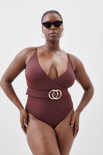 Plus Size Wrap Front Belted Swimsuit brown